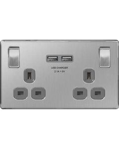 British General FBS22U3G 2 Gang 13A Switched SP Socket with 2 x USB, Screwless Brushed Steel with Grey Inserts