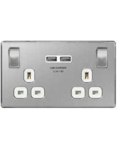 British General FBS22U3W 2 Gang 13A Switched SP Socket with 2 x USB, Screwless Brushed Steel with White Inserts