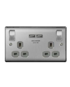 British General NBS22UG-01 2 Gang 13A Switched SP Socket with 2 x USB, Brushed Steel with Grey Inserts