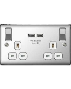 British General NPC22U3W 2 Gang 13A Switched SP Socket with 2 x USB, Polished Chrome with White Inserts