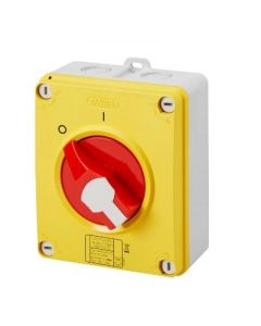 Gewiss GW70433P Switch, Isolator Rotary 4P Emergency IP69, Insulated Box c/w Lockable Knob, Size:	16A 125x150x75.5mm