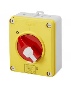 Gewiss GW70435P 32A 3 Pole IP66/67/69 HP Isolating Material Box Emergency Isolator with Lockable Red Knob - Buy online from Sparkshop