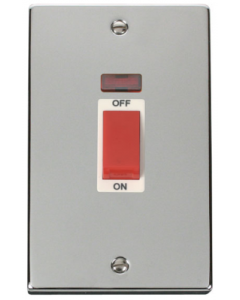 Scolmore Deco VPCH203WH 45A 2 Gang (Vertical) Double Pole Plate Switch With Neon in Polished Chrome with White Insert- buy online from Sparkshop