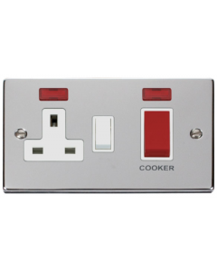 Scolmore Deco VPCH205WH 45A 2 Gang Double Pole Switch With 13A Double Pole Switched SocketOutlet & Neons in Polished Chrome with White Insert  - Buy online from Sparkshop
