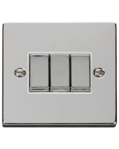 Scolmore Deco VPCH413WH Victorian 10A 3 Gang 2 Way Plate Switch in Polished Chrome with White Insert   - Buy online from Sparkshop