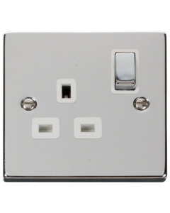 Scolmore Deco VPCH535WH Victorian 13A Ingot 1 Gang Double Pole Switched Socket in Polished Chrome with White Insert - Buy online from Sparkshop