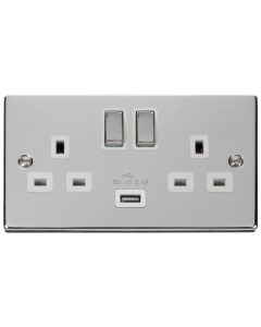 Scolmore Deco VPCH570WH 13A Ingot 2 Gang Switched Socket Outlet With Single 2.1A USB Outlet in Polished Chrome with White Insert - Buy online from Sparkshop
