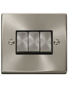 Scolmore Deco VPSC413BK Victorian 10A 3 Gang 2 Way Plate Switch in Satin Chrome with Black Insert - Buy online from Sparkshop