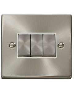 Scolmore Deco VPSC413WH Victorian 10A 3 Gang 2 Way Plate Switch in Satin Chrome with White Insert  - Buy online from Sparkshop