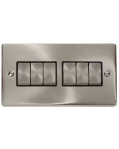 Scolmore Deco VPSC416BK 10A 6 Gang 2 Way Plate Switch in Satin Chrome with Black Insert - Buy online from Sparkshop