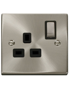 Scolmore Deco VPSC535BK Victorian 13A Ingot 1 Gang Double Pole Switched Socket in Satin Chrome with Black Insert - Buy online from Sparkshop