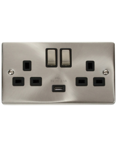 Scolmore Deco VPSC570BK 13A Ingot 2 Gang Switched Socket Outlet With Single 2.1A USB Outlet in Satin Chrome with Black Insert - Buy online from Sparkshop