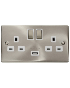 Scolmore Deco VPSC570WH 13A Ingot 2 Gang Switched Socket Outlet With Single 2.1A USB Outlet in Satin Chrome with White Insert - Buy online from Sparkshop