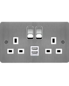 Hager WFSS82BSW-USBS 13A 2 Gang Double Pole Flat Plate Switched Socket c/w Twin USB Ports Brushed Steel White Insert